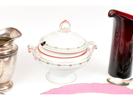 Assembled Collection Of Silver Plate, Ruby Glass And Ceramic Serving Wares