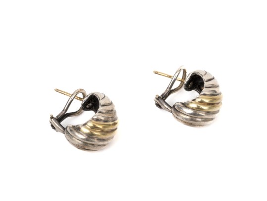 David Yurman Sterling Silver And 14k Yellow Gold Classic Earrings, With Pouch
