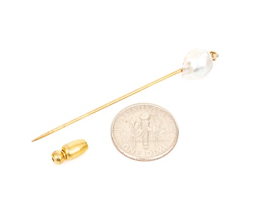 14k Yellow Gold Baroque Pearl Form And White Sapphire Stick Pin