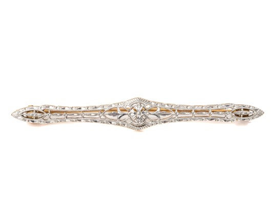 14k Yellow And White Gold Pretty Antique Filigree Bar Pin