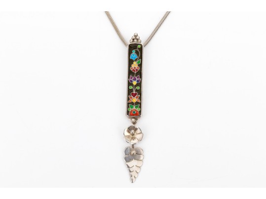 Signed Gay Giannini Beautiful Vintage Sterling Cloisonne Flower And Foliate Pendant, With Chain