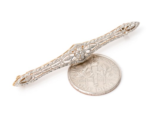 14k Yellow And White Gold Pretty Antique Filigree Bar Pin