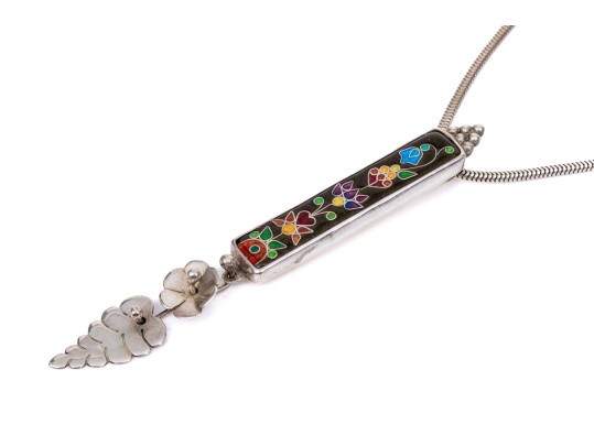 Signed Gay Giannini Beautiful Vintage Sterling Cloisonne Flower And Foliate Pendant, With Chain