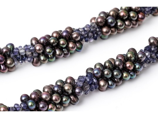 Striking Black Cultured Freshwater Pearl Torsade With Matching Sterling Silver Earrings