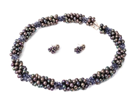 Striking Black Cultured Freshwater Pearl Torsade With Matching Sterling Silver Earrings