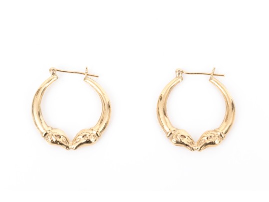 14k Yellow Gold Retro Kissing Rams Head Patterned Round Hoop Earrings