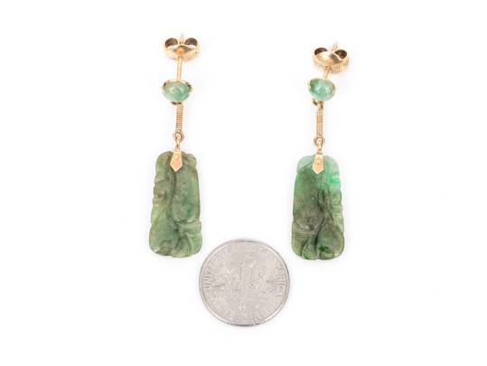14k Yellow Gold Lovely Carved Nephrite Jade Drop Pendant Earrings