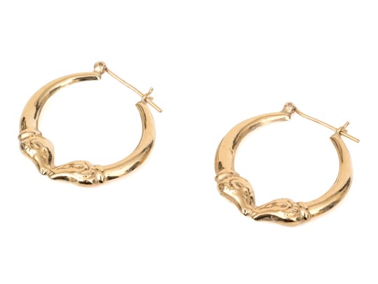 14k Yellow Gold Retro Kissing Rams Head Patterned Round Hoop Earrings