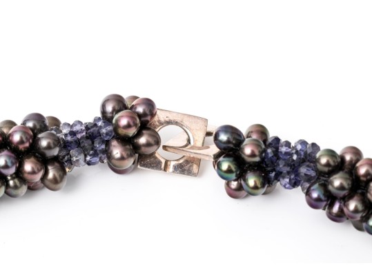 Striking Black Cultured Freshwater Pearl Torsade With Matching Sterling Silver Earrings