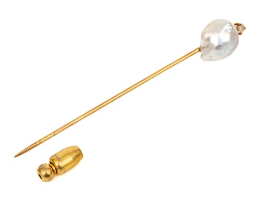 14k Yellow Gold Baroque Pearl Form And White Sapphire Stick Pin