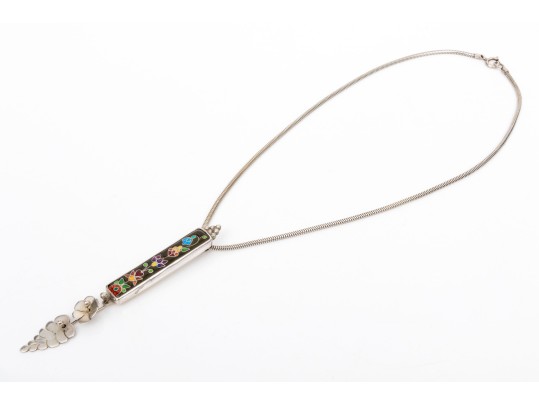 Signed Gay Giannini Beautiful Vintage Sterling Cloisonne Flower And Foliate Pendant, With Chain