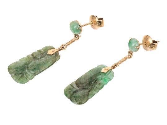 14k Yellow Gold Lovely Carved Nephrite Jade Drop Pendant Earrings