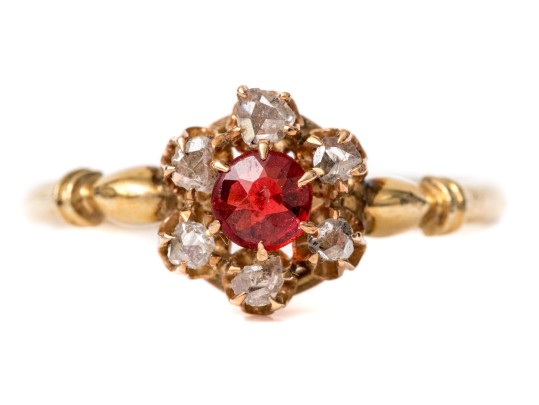 10k Yellow Gold Lovely Vintage Glass And White Sapphire Cluster Ring, Size 6.25+