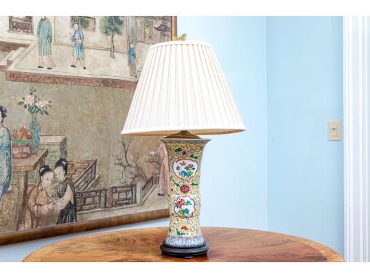 Chinese Famille Rose On Yellow Ground Gu Form Porcelain Table Lamp
