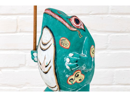 Whimsical Folk Art Carved And Painted Frog Holding Umbrella