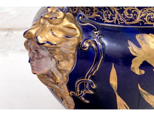 Painted Ceramic Jardiniere With Figural Handles