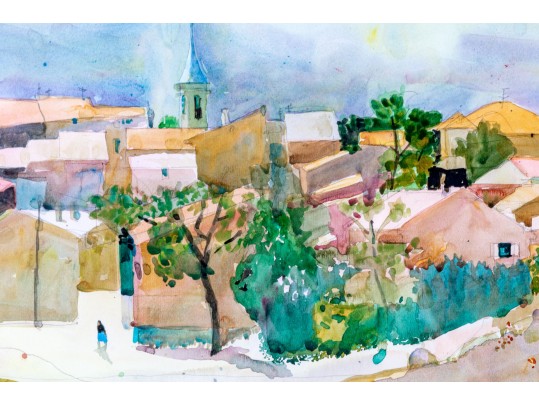 Watercolor And Pencil On Paper, Coastal Town