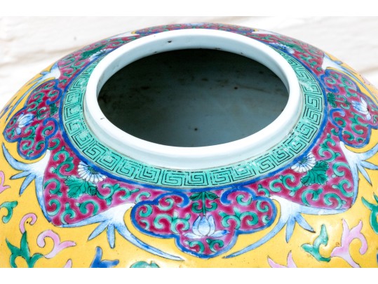 Pair Of Chinese Famille Rose On Yellow Ground Porcelain Ginger Jars