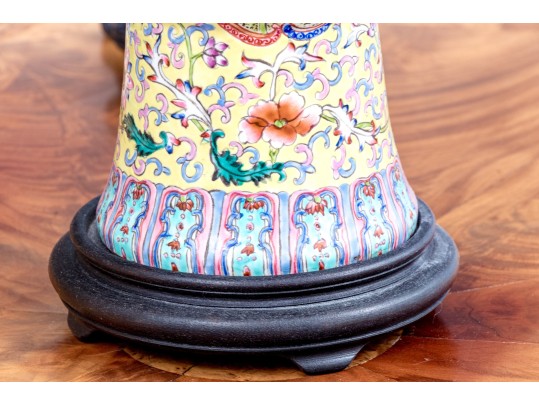 Chinese Famille Rose On Yellow Ground Gu Form Porcelain Table Lamp