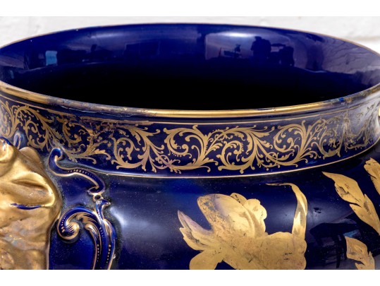 Painted Ceramic Jardiniere With Figural Handles