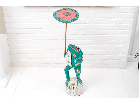 Whimsical Folk Art Carved And Painted Frog Holding Umbrella