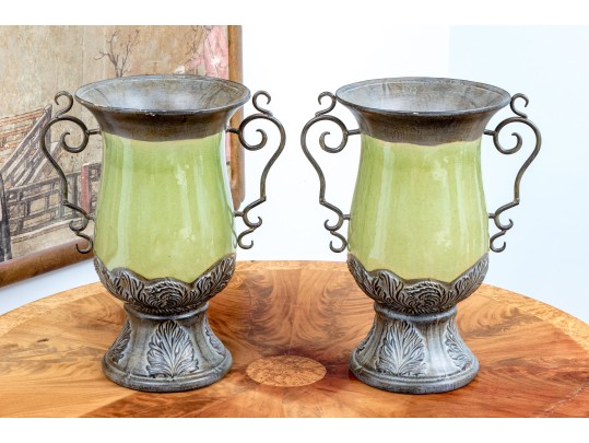 Pair Of Decorative Ceramic And Aluminum Twin Handled Urns