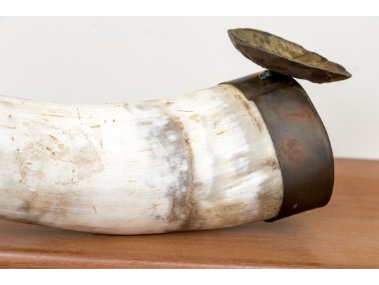 Carved Buffalo Horn With Brass Mounted End