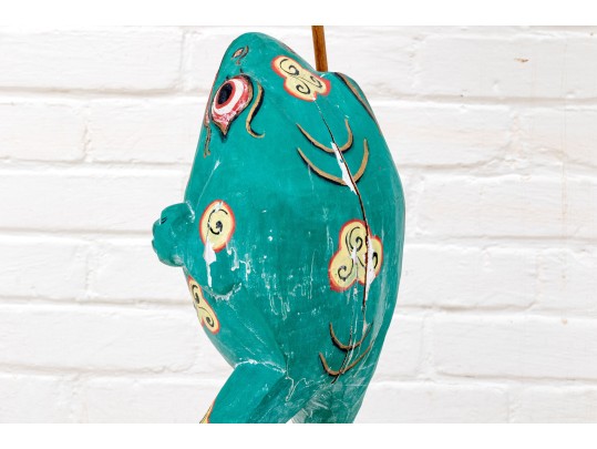 Whimsical Folk Art Carved And Painted Frog Holding Umbrella