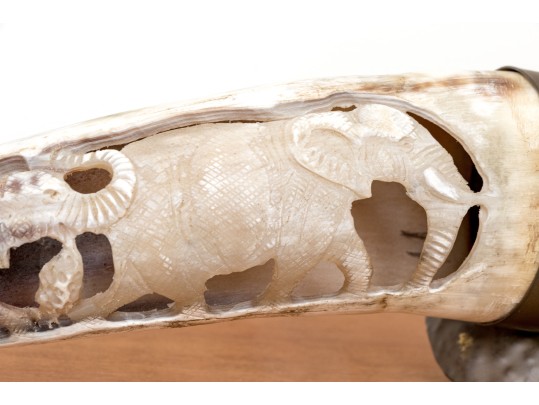Carved Buffalo Horn With Brass Mounted End