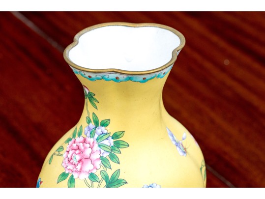 Pair Of Chinese Famille Rose On Yellow Ground Enameled Vases, 20th C.