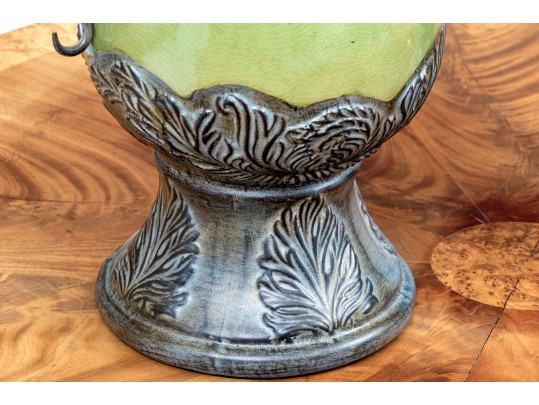 Pair Of Decorative Ceramic And Aluminum Twin Handled Urns