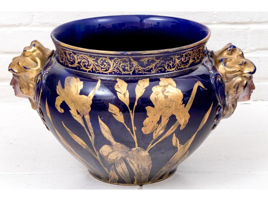 Painted Ceramic Jardiniere With Figural Handles