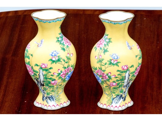 Pair Of Chinese Famille Rose On Yellow Ground Enameled Vases, 20th C.