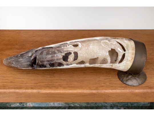 Carved Buffalo Horn With Brass Mounted End