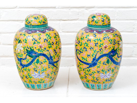 Pair Of Chinese Famille Rose On Yellow Ground Porcelain Ginger Jars