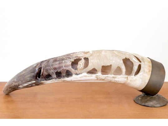 Carved Buffalo Horn With Brass Mounted End