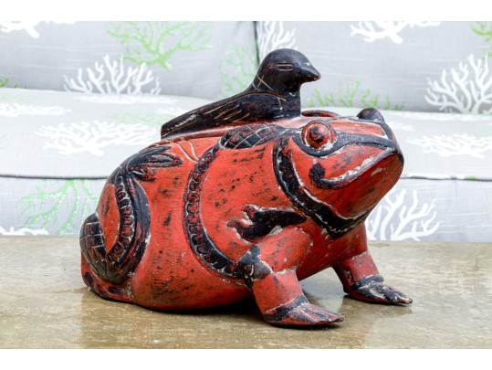 Asian Carved Bird On Frog Wood Box