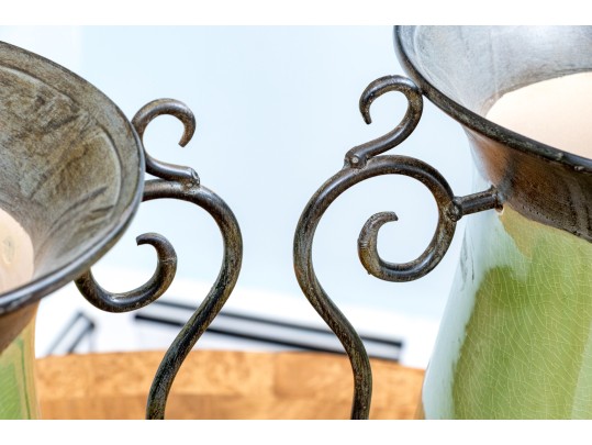 Pair Of Decorative Ceramic And Aluminum Twin Handled Urns