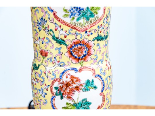 Chinese Famille Rose On Yellow Ground Gu Form Porcelain Table Lamp