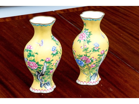 Pair Of Chinese Famille Rose On Yellow Ground Enameled Vases, 20th C.
