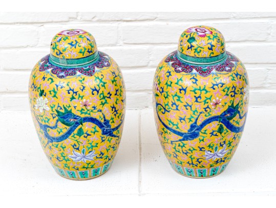 Pair Of Chinese Famille Rose On Yellow Ground Porcelain Ginger Jars