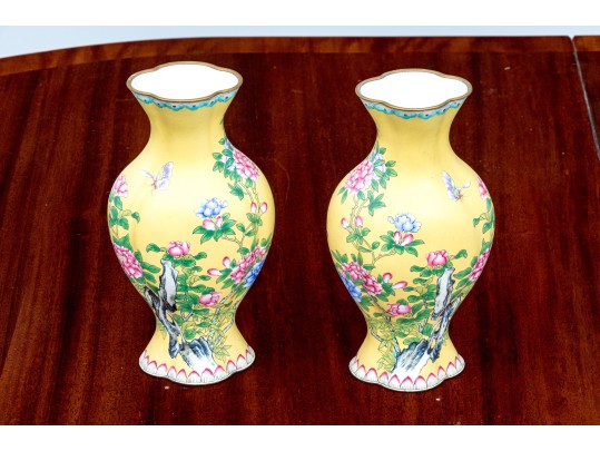 Pair Of Chinese Famille Rose On Yellow Ground Enameled Vases, 20th C.