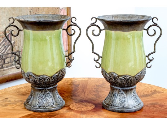 Pair Of Decorative Ceramic And Aluminum Twin Handled Urns
