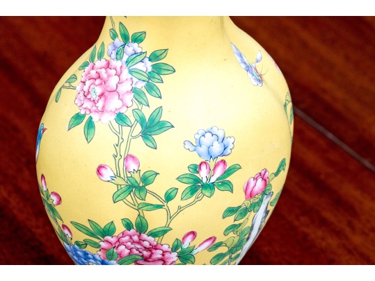 Pair Of Chinese Famille Rose On Yellow Ground Enameled Vases, 20th C.