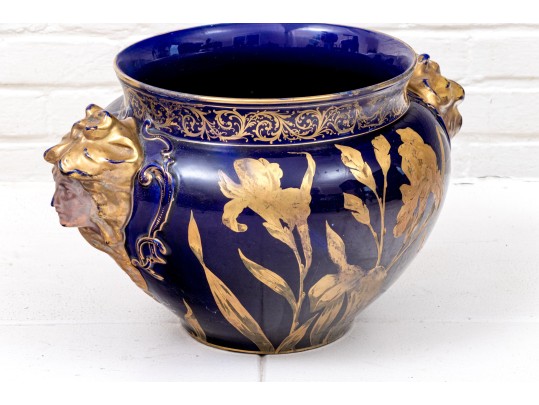 Painted Ceramic Jardiniere With Figural Handles