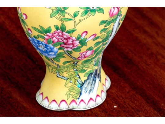 Pair Of Chinese Famille Rose On Yellow Ground Enameled Vases, 20th C.