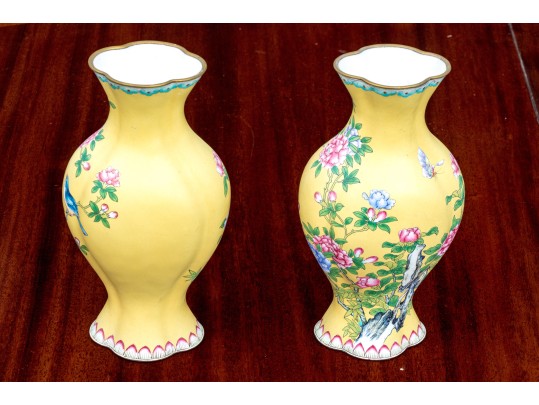 Pair Of Chinese Famille Rose On Yellow Ground Enameled Vases, 20th C.