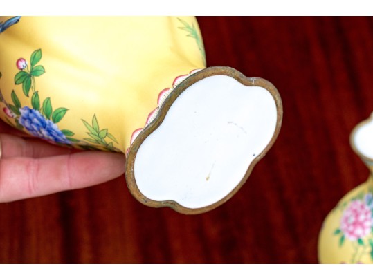Pair Of Chinese Famille Rose On Yellow Ground Enameled Vases, 20th C.