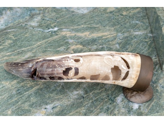 Carved Buffalo Horn With Brass Mounted End