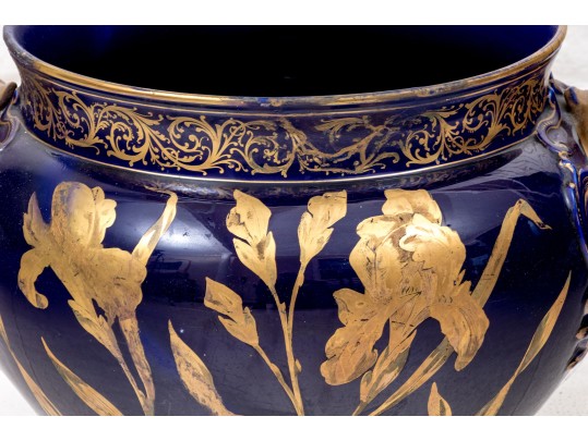 Painted Ceramic Jardiniere With Figural Handles